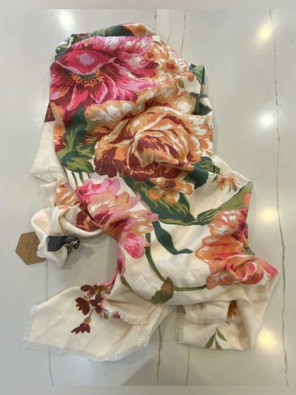 Vince Camuto Cream Scarf with Pink, Orange & Green Floral Accents